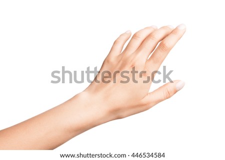 Relaxed left female palm with neutral manicure isolated on white background Royalty-Free Stock Photo #446534584