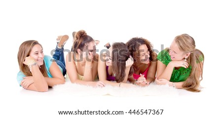 group of teenage girls isolated in white background