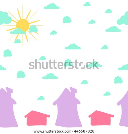 Vector  pattern with house and sky. Seamless background for kids.