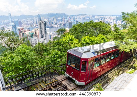 Peak Tram and Hong Kong city skyline
