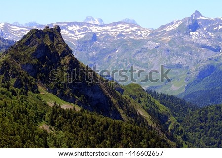 Hills and snowed mountains in the Pyrenees National Park in France