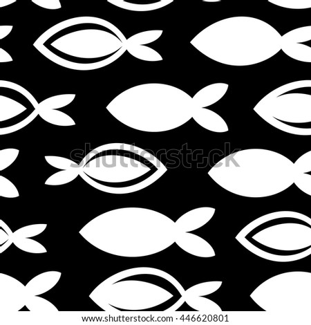 Seamless texture with different shaped fishes. Endless black and white vector pattern. Template for design textile, backgrounds, packages, wrapping paper