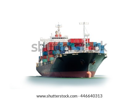 Container Cargo ship in the ocean isolated on white background, Freight Transportation, Shipping, Nautical Vessel, Logistic Import Export background. Royalty-Free Stock Photo #446640313