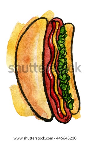 Hand drawn watercolor illustration of hot dog with mustard, ketchup and green relish. Isolated on the white background, food drawing