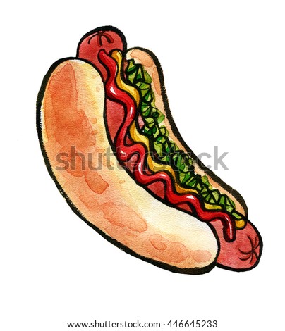 Hand drawn watercolor illustration of hot dog with mustard, ketchup and green relish. Isolated on the white background, food drawing