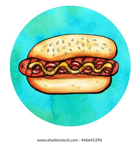 Hand drawn watercolor illustration of hot dog with mustard, ketchup and grill marks on colorful shape. Isolated on the white background, food drawing