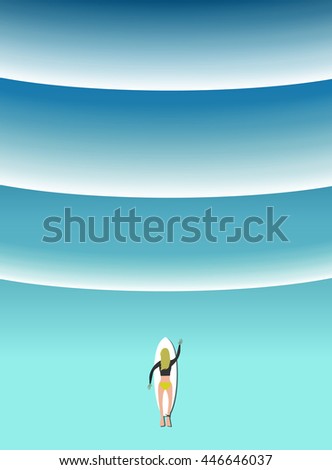 Woman surfing with the wave vector illustration