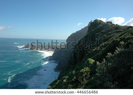 stunning views of the majestic cliffs from the lighthouse at the end of the world, the Cape of Good Hope, the most south westerly point on the African continent, the Cape Peninsula, South Africa.