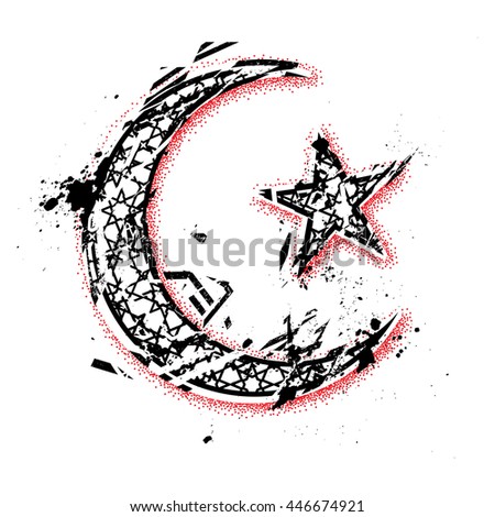 Vector Moon and Star islamic symbols, hand drawn with dotwork tattoo technique and grunge style. Black and red colors.