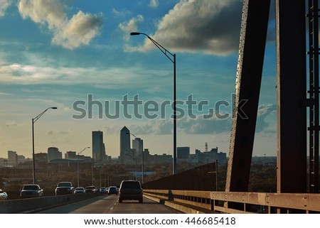 Jacksonville skyline from bridge in florida USA coming from Atlantic Beach