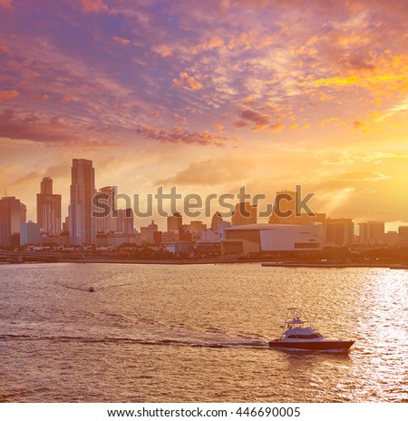 Miami downtown skyline sunset in Florida USA