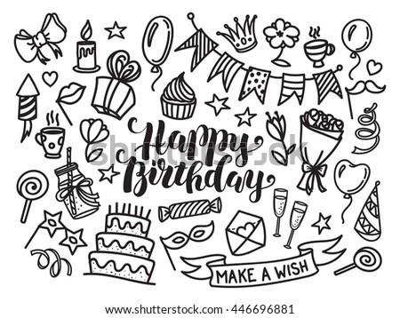 Happy birthday lettering and doodle set. Vector illustration isolated on white background. Funny set of sketch birthday party objects. Coloring greeting card or invitation