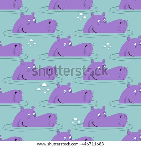 Hippo in water seamless pattern. Good hippopotamus in swamp texture. Backdrop for baby cloth. African animal ornament. Purple Hippo background