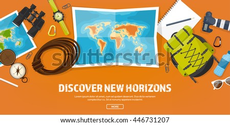 Travel,tourism vector illustration in a flat style.World travel banner.Summer holidays, vacation.Travel around the world.Journey,trip plan.Tourists tips.International tourism.Hiking and camping.