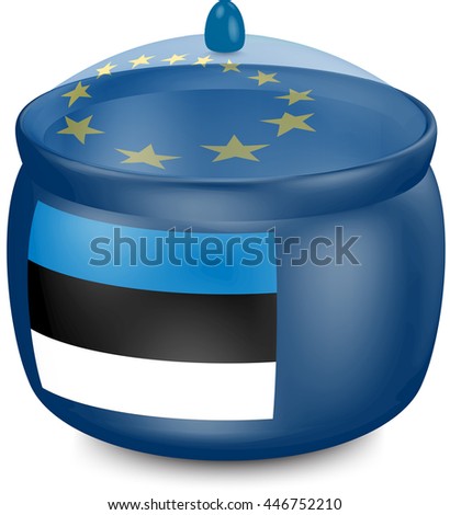 Flag of Estonia. Saucepan with a translucent cover. The symbol of the European Union. 3D illustration isolated on white background.