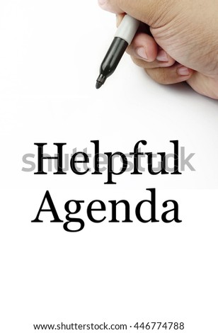 Handwriting of "helpful agenda" with the white background and hand using a marker.