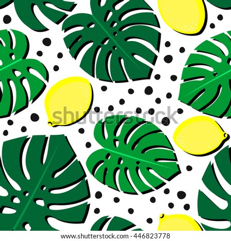 Seamless decorative background with yellow lemons and green palm leaves. Tropical leaves  pattern with lemons and dots. Trendy Jungle illustration. Fashion design for textile, wallpaper, fabric etc.