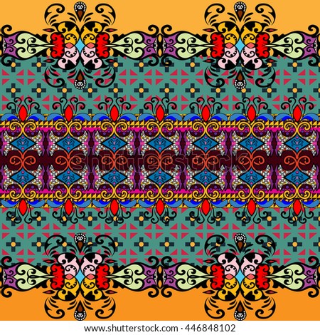  Ethnic geometric print. Colorful repeating background texture. Fabric, cloth design, wallpaper