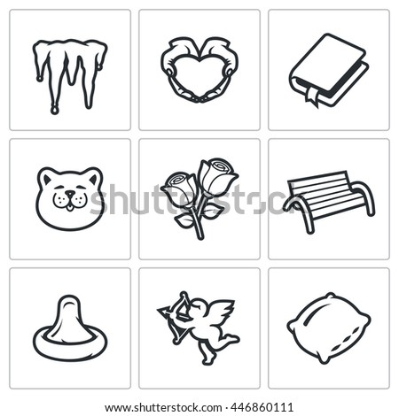 Vector Set of Spring Dating Icons. Melting, Romance, Poetry, March, Bouquet, Walking, Love, Emotion, Bed. Icicles, Heart, Book, Cat, Rose, Bench, Condom, Cupid, Pillow