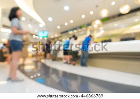 Blur abstract background reception room customer or client counter service & cashier desk indoor space in Customer Service Center interior: Blurry perspective view information lobby staff working