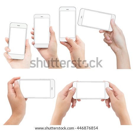 hand holding white phone isolated with clipping path on white background