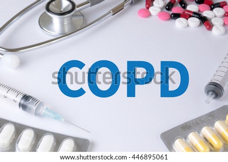 COPD     Chronic obstructive pulmonary disease Text, On Background of Medicaments Composition, Stethoscope, mix therapy drugs doctor flu antibiotic pharmacy medicine medical