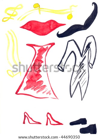Woman in red dress and man in tail-coat dancing romantic dance, children's drawing