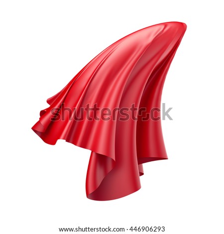 3d render, digital illustration, abstract folded cloth, flying, falling, soaring fabric, unveil, red curtain, textile cover, isolated on white background