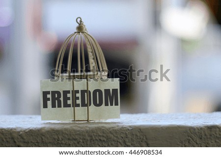 A white cage with a sign word FREEDOM. selective focus and blur background