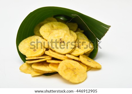 Banana chips crunchy popular deep fried traditional South Indian tea time snack on banana leaf, Kerala India. made in coconut oil on Onam, Vishu, Diwali/Deepawali, Ramzan, Eid. 