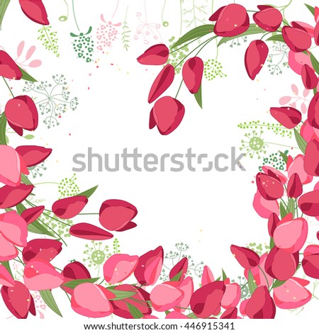 Floral abstract square template with stylized herbs and red tulips.  Silhouette of plants.