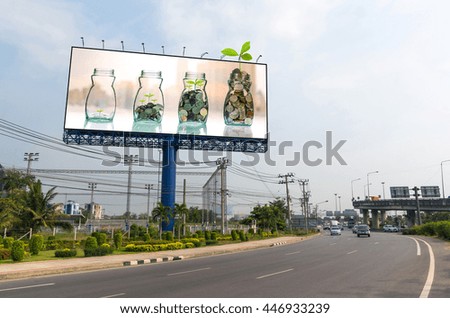 Billboard showing the mix coins and seed in clear bottle on on cityscape photo blurred cityscape background for advertisement, Business investment growth concept 
