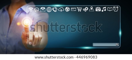 Businesswoman surfing on internet with digital tactile web address interface