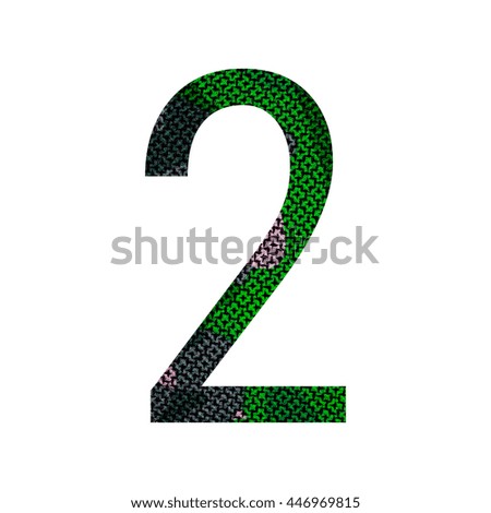 Number 2 ( two ) with green fabric texture background.