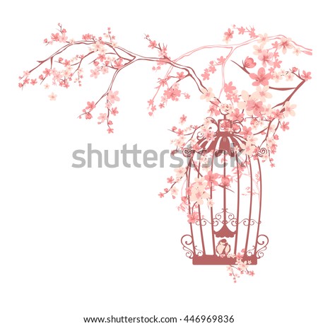 vintage bird cage among pink flowers and tree branches - spring season floral vector design