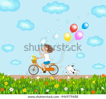 girl riding bicycle and dog running in a good day