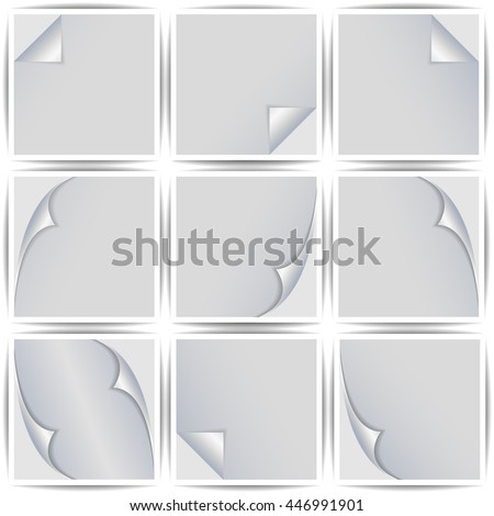 Set of white square paper stickers isolated on white background, curved corners, vector illustration.