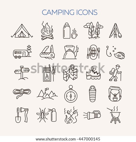 Collection of 25 camping outline icons in light background. Tourism and hiking objects set.