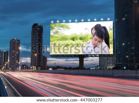 Information billboard about the family, women and children, divorce on a highway in the city with space for text and logo. Concept of advertising, business