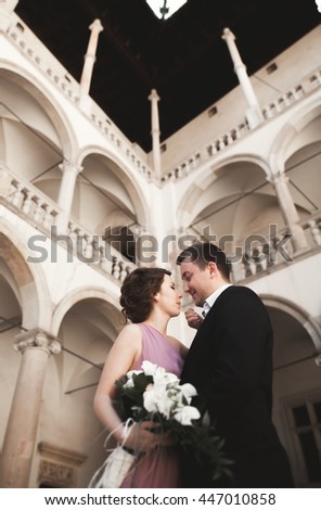 Happy wedding couple, groom, bride with pink dress hugging and smiling each other on the background walls in castle