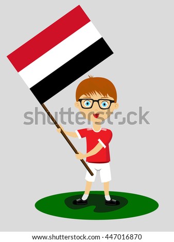 Fan of Yemen national football team, sports. Boy with flag in the colors of the national command with sports paraphernalia.
