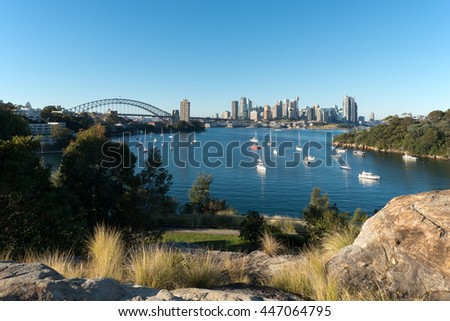 Clear blue sky Sydney City view from Waverton suburb at Berry Bay lookout north Sydney