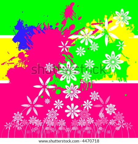 High Res Jpeg - Bright and colorful paint splashes and floral background.