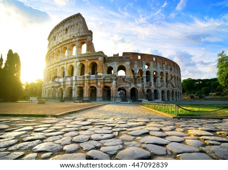 Road to Colosseum in calm sunny morning Royalty-Free Stock Photo #447092839
