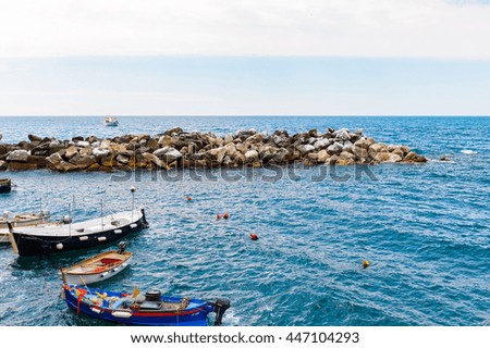 Boat at the coast of Manarola (Manaea),  La Spezia, Liguria, Italy. It's one of the lands of Cinque Terre, UNESCO World Heritage Site