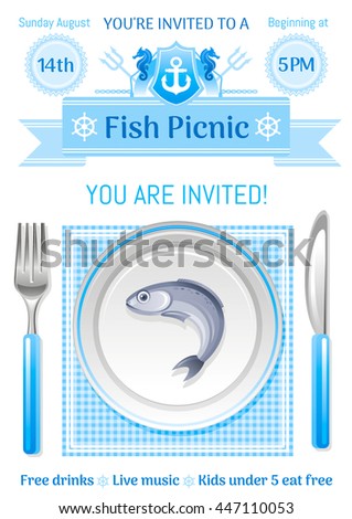 Sea summer travel poster design with salmon or sprat fish icon and sailing adventure elements. Vector illustration on white background with text lettering Fish Picnic