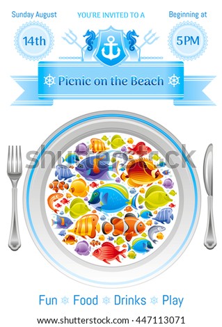 Sea summer travel poster design with tropical seafood fishes icon set and sailing adventure signs. Vector illustration on white background with plate dish and text lettering Picnic on the beach