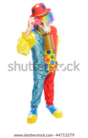 a man in a clown costume wearing a gasmask on a white background
