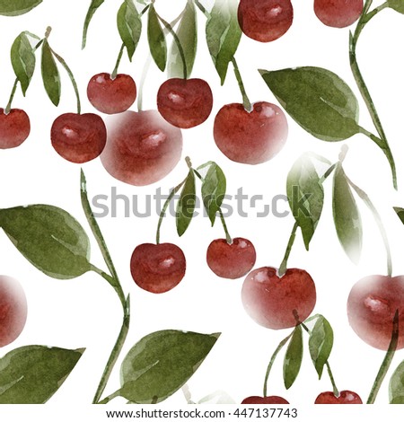 seamless watercolor pattern with cherry on white background