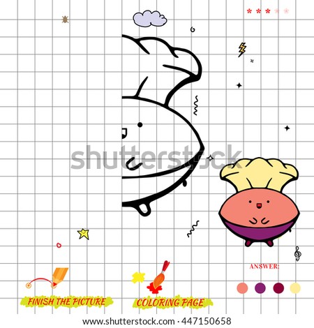 Visual game for kids with cook. Educational  for preschool child. Puzzle finish the picture and coloring page